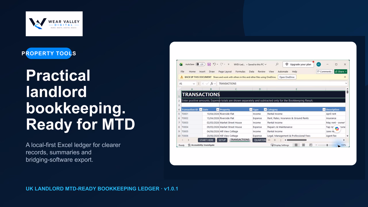 Wear Valley Digital Property Tools hero showing the v1.0.1 Excel landlord transaction ledger.