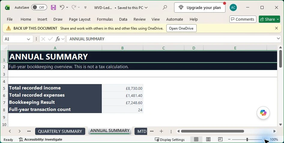 Excel annual summary showing property bookkeeping totals by category.