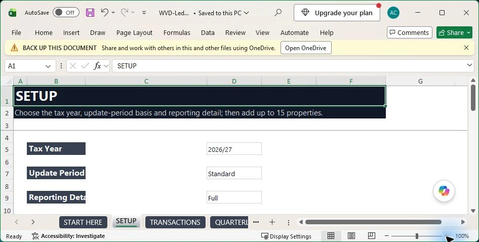 Excel setup sheet for entering landlord and property information.
