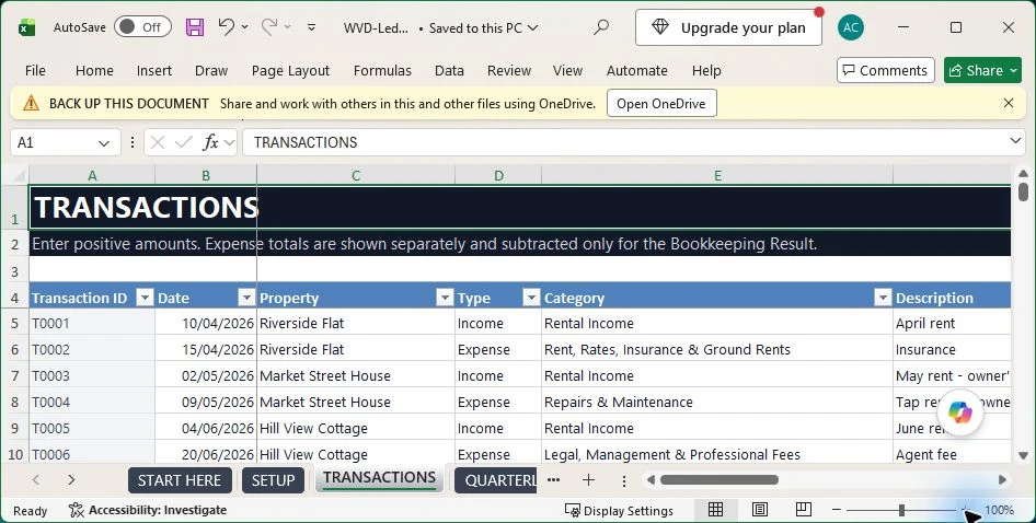 Excel transaction ledger showing date, property, income or expense type, category and amount columns.