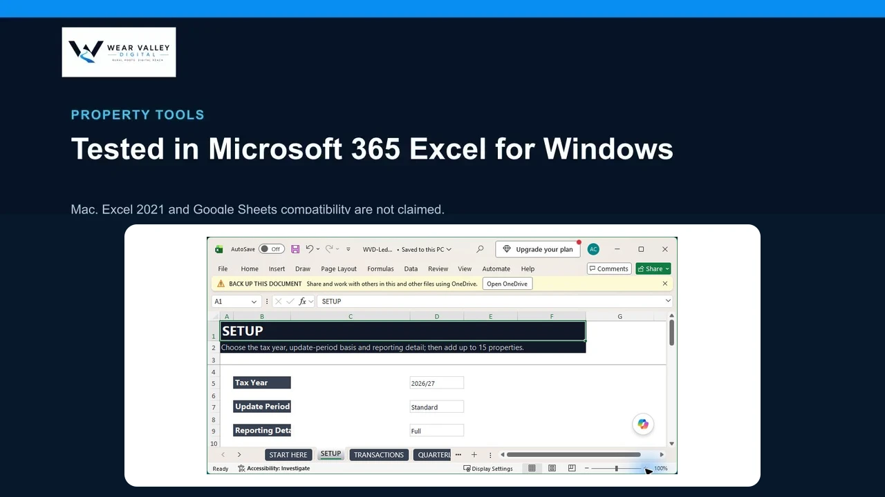 Compatibility graphic stating tested in Microsoft 365 Excel for Windows, with Mac and Excel 2021 unverified and Google Sheets unsupported.